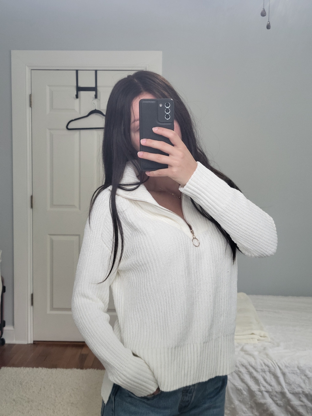 White Half-Zip Ribbed Sweater